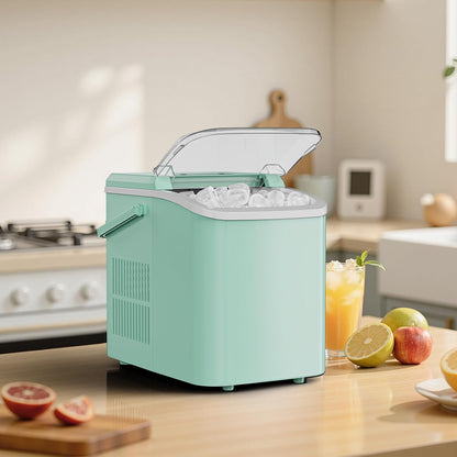 Portable Countertop Ice Maker with Scoop, Basket, and Handle - Produces 9 Ice Cubes in 6 Minutes, 26.5 lbs Daily Capacity, Two Cube Sizes for Home, Kitchen, Office, Bar, and Parties - Green
