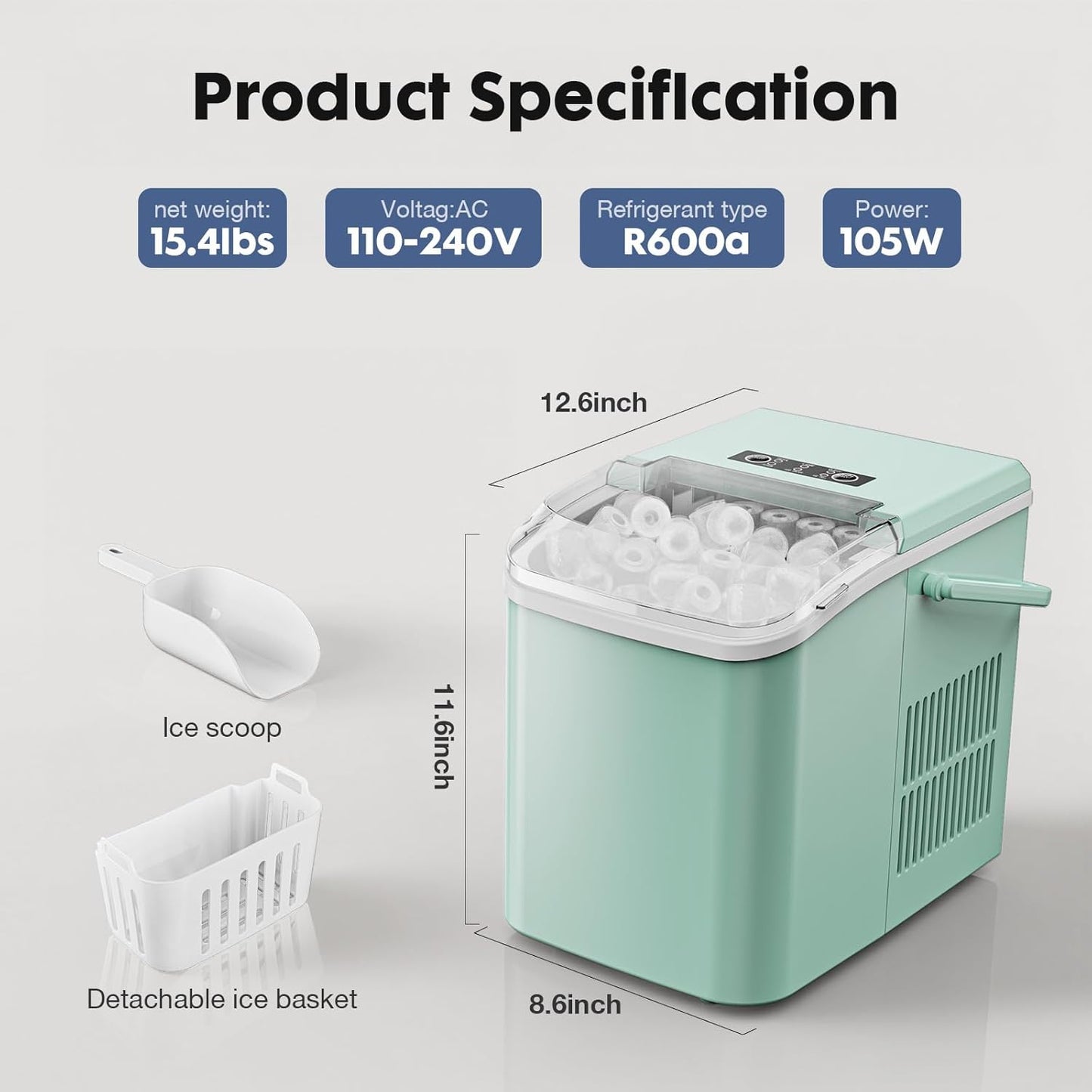Portable Countertop Ice Maker with Scoop, Basket, and Handle - Produces 9 Ice Cubes in 6 Minutes, 26.5 lbs Daily Capacity, Two Cube Sizes for Home, Kitchen, Office, Bar, and Parties - Green