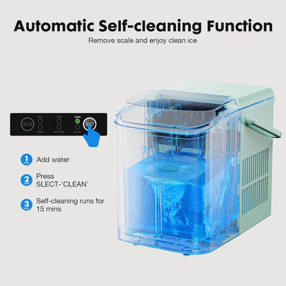 Portable Countertop Ice Maker with Scoop, Basket, and Handle - Produces 9 Ice Cubes in 6 Minutes, 26.5 lbs Daily Capacity, Two Cube Sizes for Home, Kitchen, Office, Bar, and Parties - Green