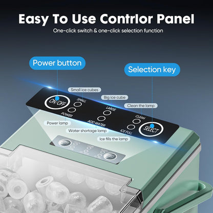 Portable Countertop Ice Maker with Scoop, Basket, and Handle - Produces 9 Ice Cubes in 6 Minutes, 26.5 lbs Daily Capacity, Two Cube Sizes for Home, Kitchen, Office, Bar, and Parties - Green